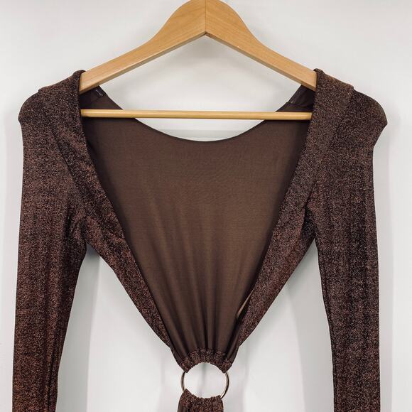 MESHKI Christina Backless Cut out Dress Long Sleeve Brown Gold Metallic NEW XXS - Picture 9 of 12